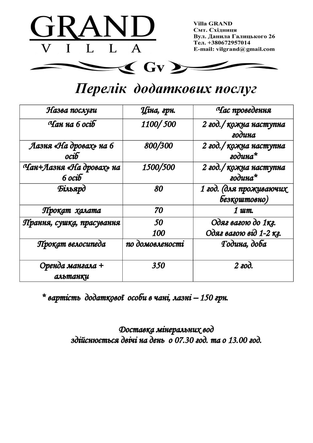 Прайс — Отельный комплекс «Гранд Вилла» — Схидныця, ул. Даныла Галицкого, 26